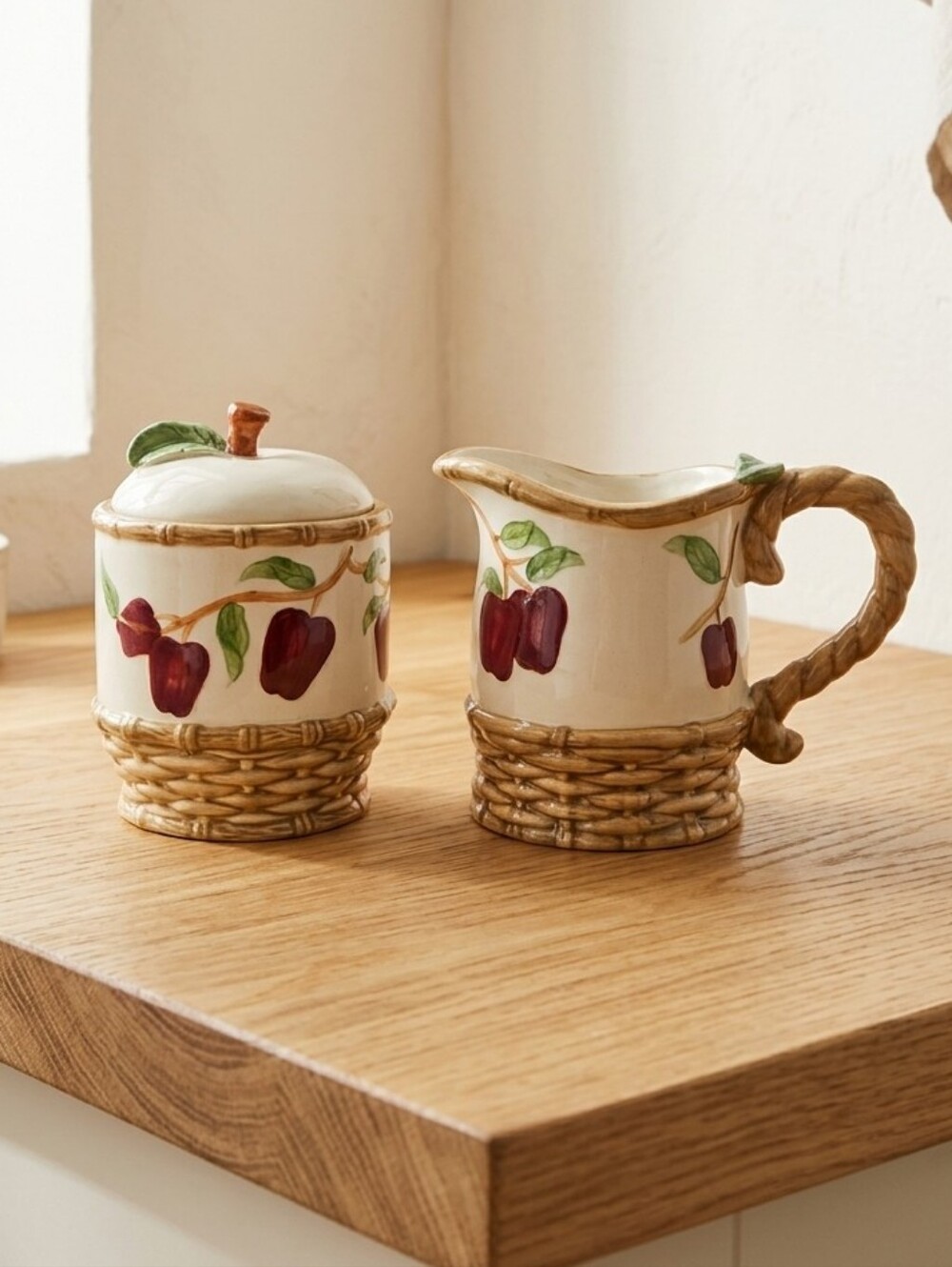 Hand-Painted Ceramic Apple Canister & Pitcher Set - Red Apple Motif